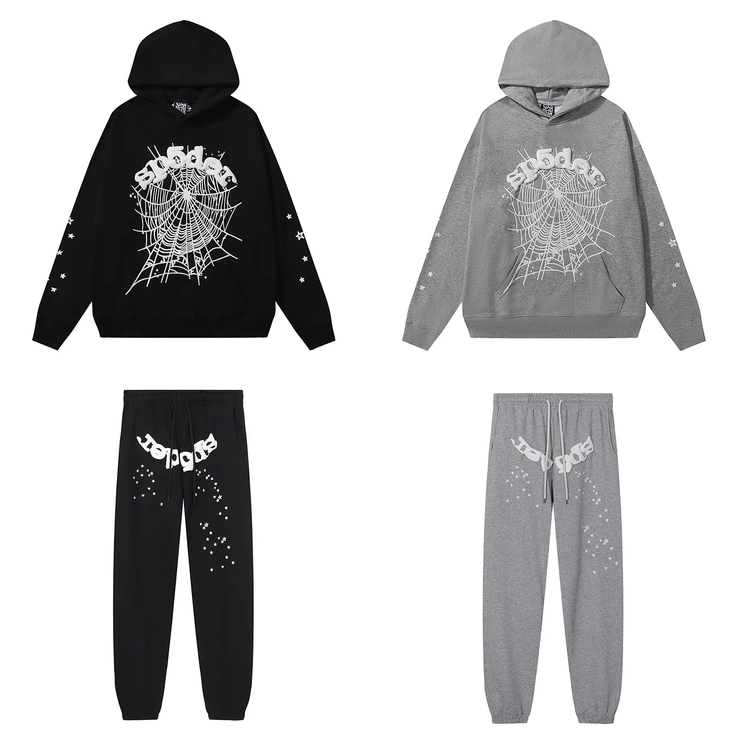 110+110 No. hooded 8218, trousers 8318, Mechao Sp10der 555 555 solid color spider web foam printed high quality cotton hoodie sweatshirt Color: black, gray; Size: S M L XL