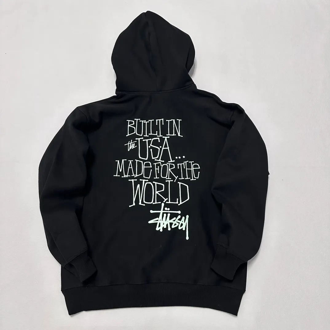 Graffiti word sweatshirt Stussy FW24 BUILT IN USA HOODIE English logo on the back plus velvet hooded sweatshirt/hoodie black gray blue S-XL