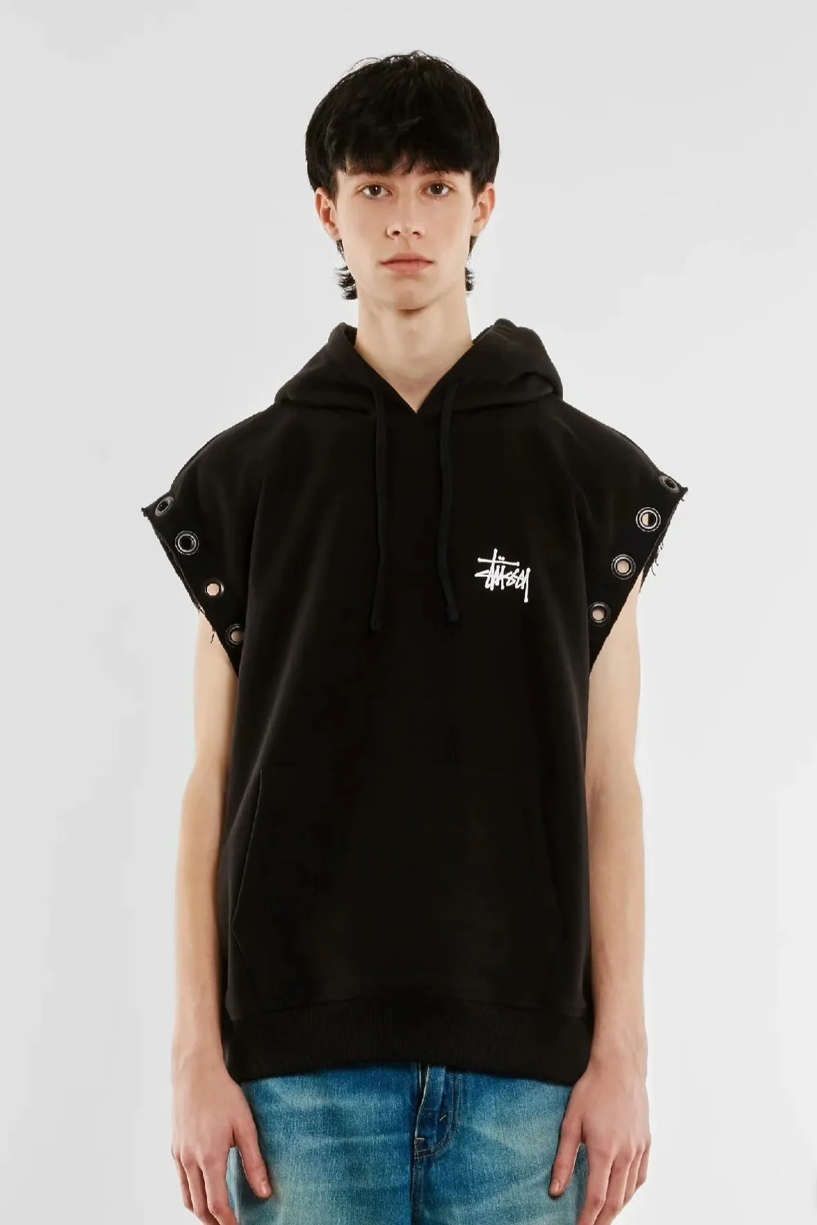 Stussy x JUNYA WATANABE Hooded Vest joint logo eyelet raw edge hooded sweatshirt vest black S-XL