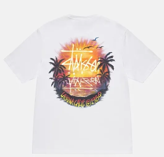 STUSSY SS24 SUNSET TEE Sunset Coconut Beach View T-shirt Black and White S-XL