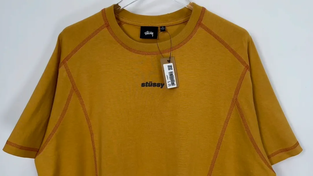 STUSSY SS24 WAVE COTTON CREW TEE Top-stitched Micro Label T-shirt Black Blue Mustard Yellow S-XL Original Same 240g Weight