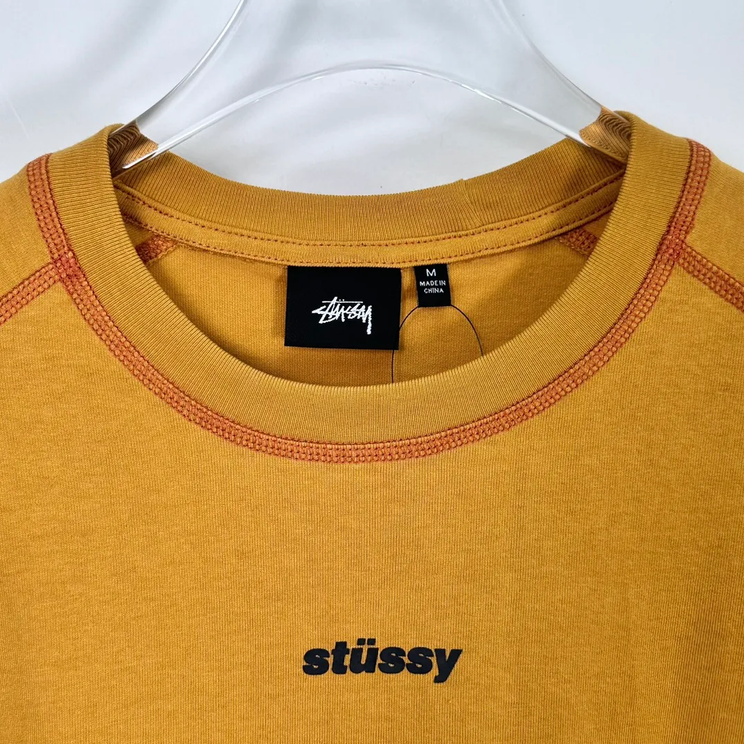 STUSSY SS24 WAVE COTTON CREW TEE Top-stitched Micro Label T-shirt Black Blue Mustard Yellow S-XL Original Same 240g Weight