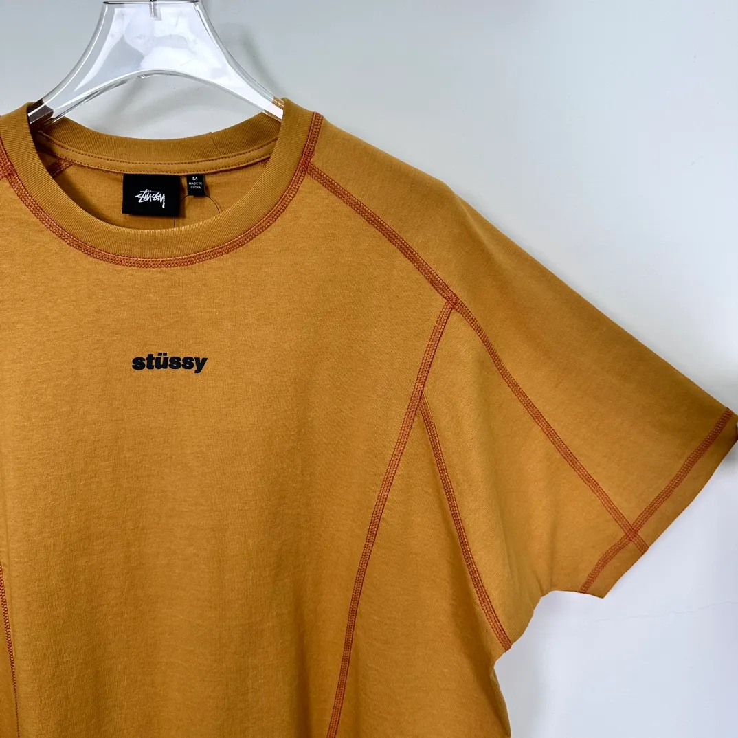 STUSSY SS24 WAVE COTTON CREW TEE Top-stitched Micro Label T-shirt Black Blue Mustard Yellow S-XL Original Same 240g Weight