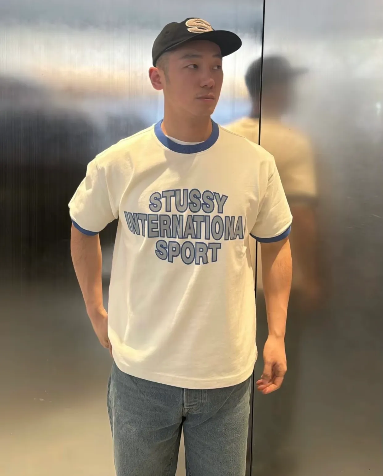 Contrast color collar T-shirt STUSSY SS25 HEAVY JERSEY CREW High weight knitted sports short-sleeved washed black beige S- XL
