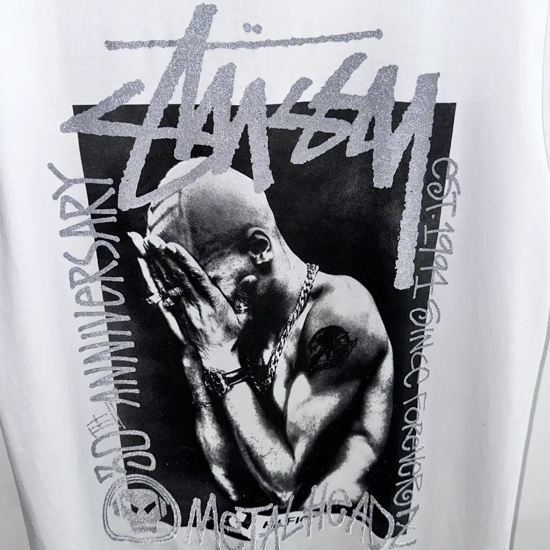 Reflective renderings STUSSY x GOLDIE METALHEADZ SS24 joint model TEE 3M reflective black band character T-shirt white S-XL