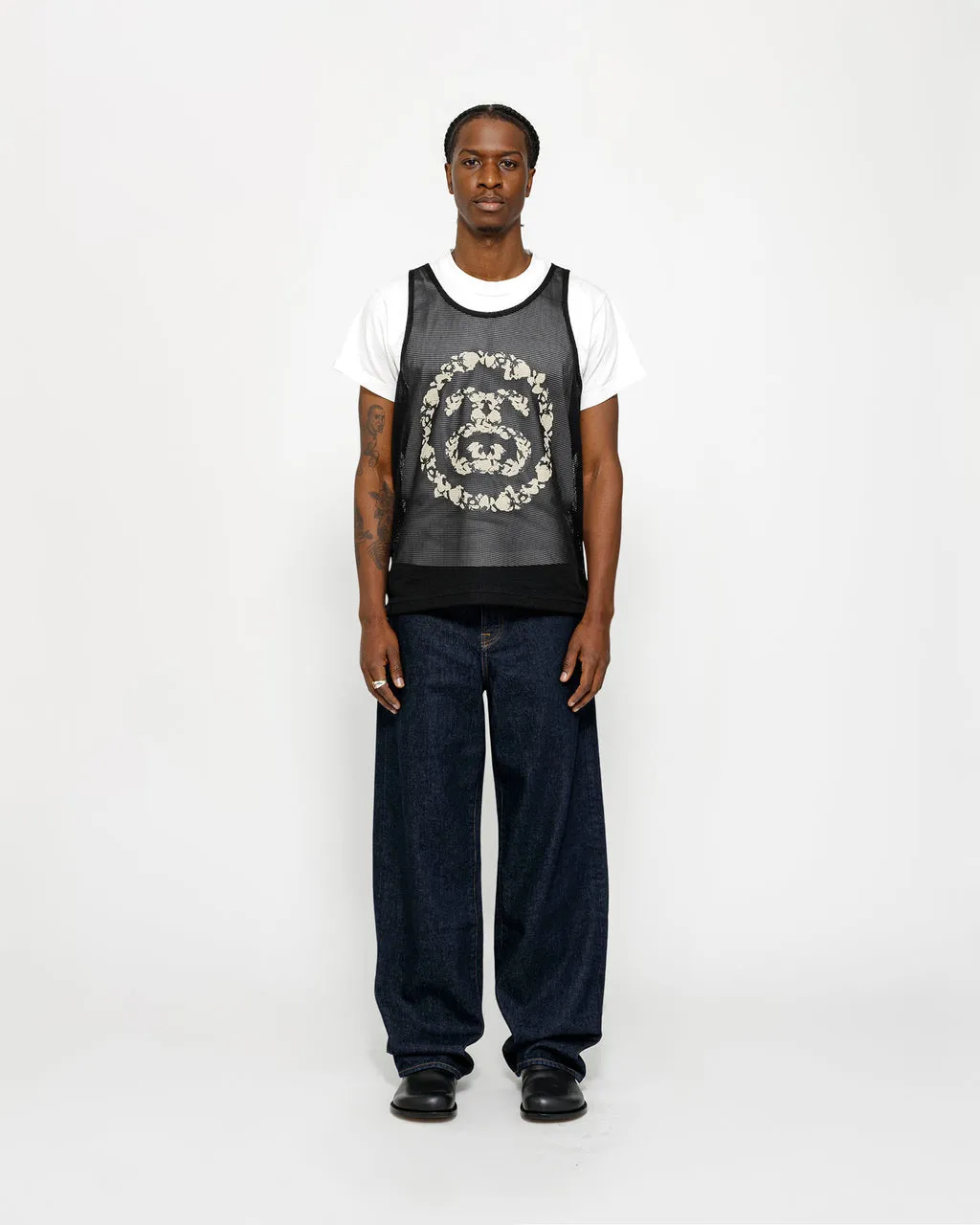 DT vest STUSSY X DENIM TEARS joint model SS25 MESH TANK garland mesh hollow vest black S- XL