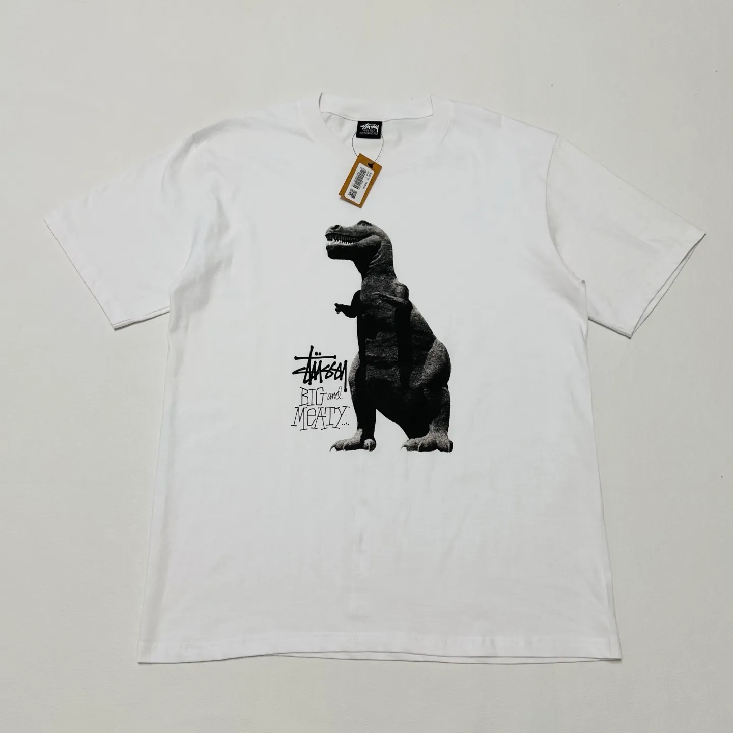 Tyrannosaurus Rex T-shirt STUSSY SS25 BIG & MEATY TEE PIGMENT DYED Dinosaur pattern short-sleeved black and white S- XL
