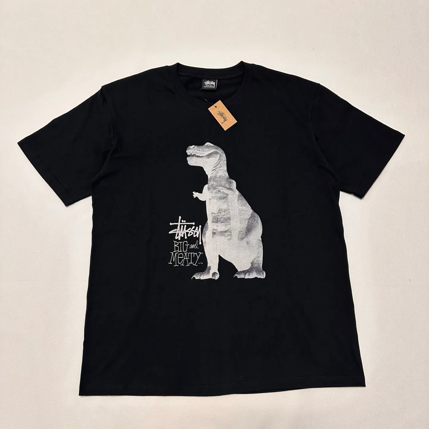 Tyrannosaurus Rex T-shirt STUSSY SS25 BIG & MEATY TEE PIGMENT DYED Dinosaur pattern short-sleeved black and white S- XL