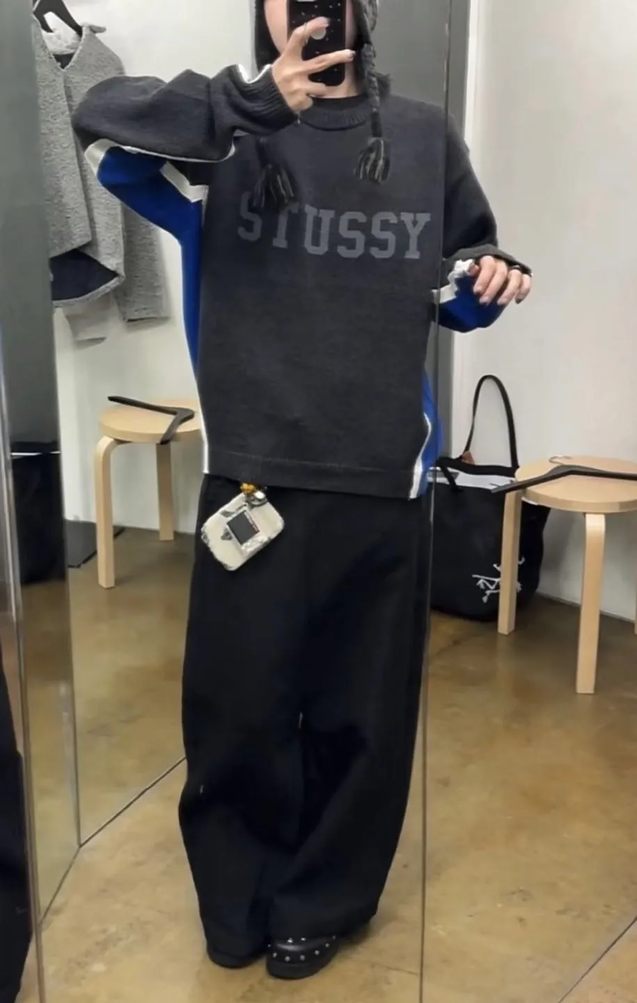 Contrast color patchwork sweater STUSSY FW24 STRIPE CREW Holiday series Jacquard knitted crew neck sweater carbon black M gray M-XL