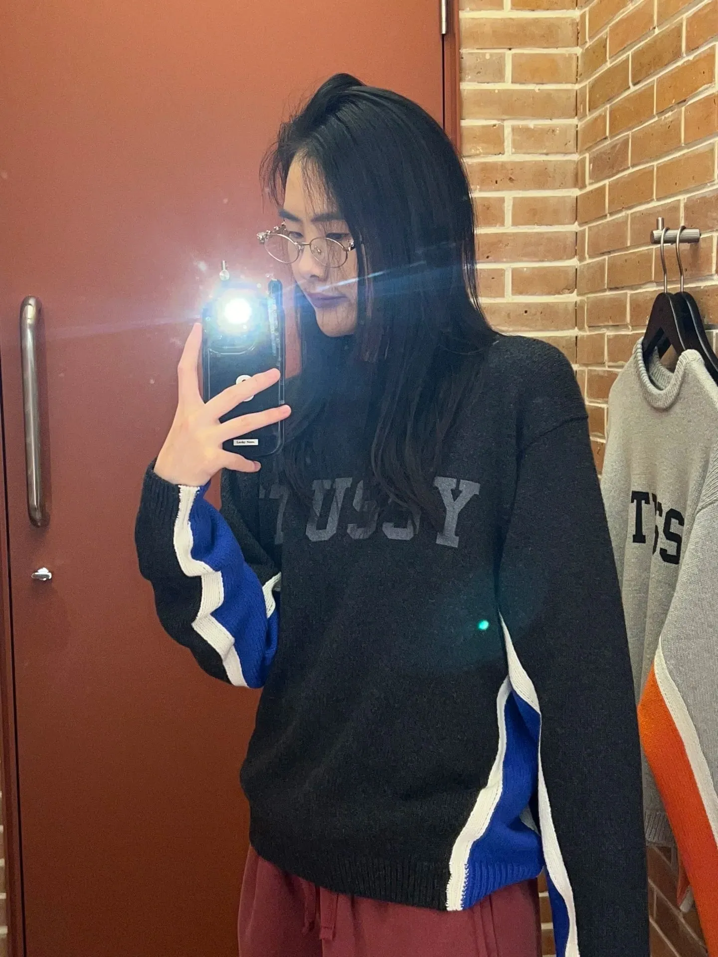 Contrast color patchwork sweater STUSSY FW24 STRIPE CREW Holiday series Jacquard knitted crew neck sweater carbon black M gray M-XL