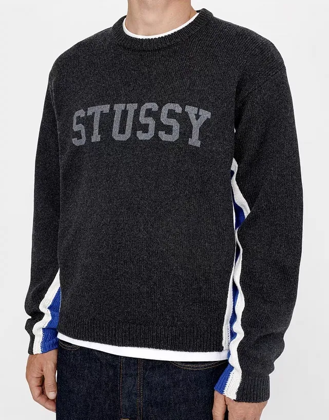 Contrast color patchwork sweater STUSSY FW24 STRIPE CREW Holiday series Jacquard knitted crew neck sweater carbon black M gray M-XL