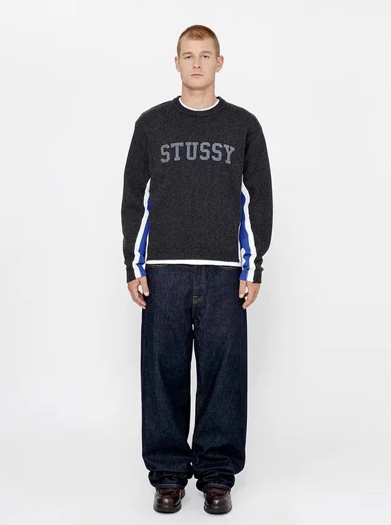 Contrast color patchwork sweater STUSSY FW24 STRIPE CREW Holiday series Jacquard knitted crew neck sweater carbon black M gray M-XL