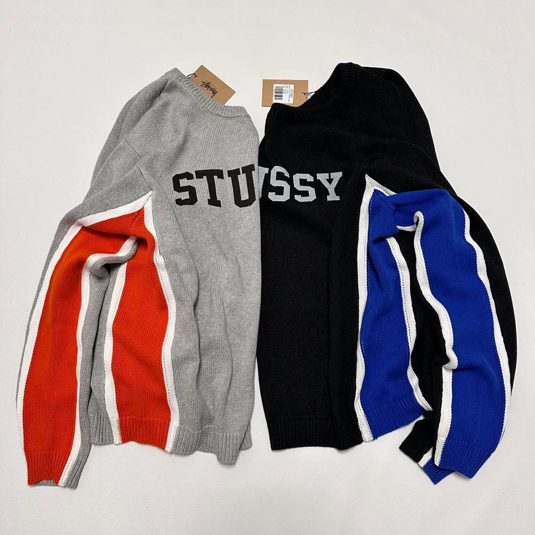 Details Contrast color patchwork sweater STUSSY FW24 STRIPE CREW Holiday series Jacquard knitted crew neck sweater Carbon black M Gray M-XL