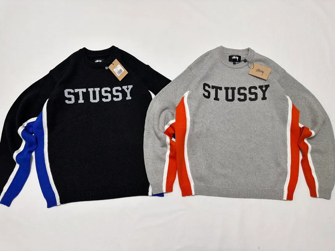 Details Contrast color patchwork sweater STUSSY FW24 STRIPE CREW Holiday series Jacquard knitted crew neck sweater Carbon black M Gray M-XL