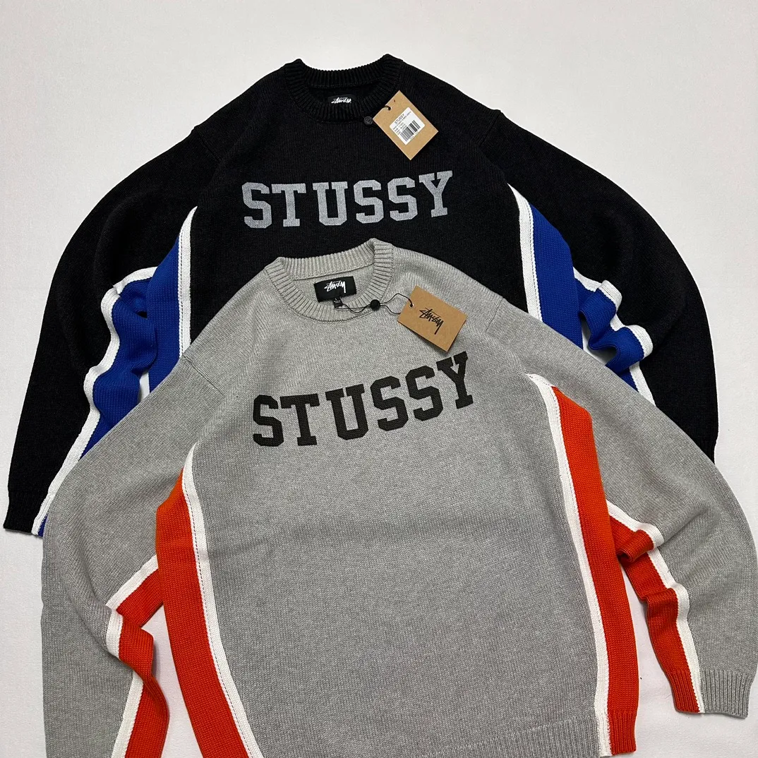 Details Contrast color patchwork sweater STUSSY FW24 STRIPE CREW Holiday series Jacquard knitted crew neck sweater Carbon black M Gray M-XL