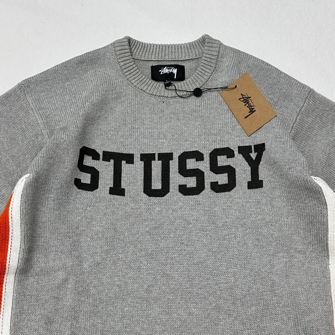 Details Contrast color patchwork sweater STUSSY FW24 STRIPE CREW Holiday series Jacquard knitted crew neck sweater Carbon black M Gray M-XL