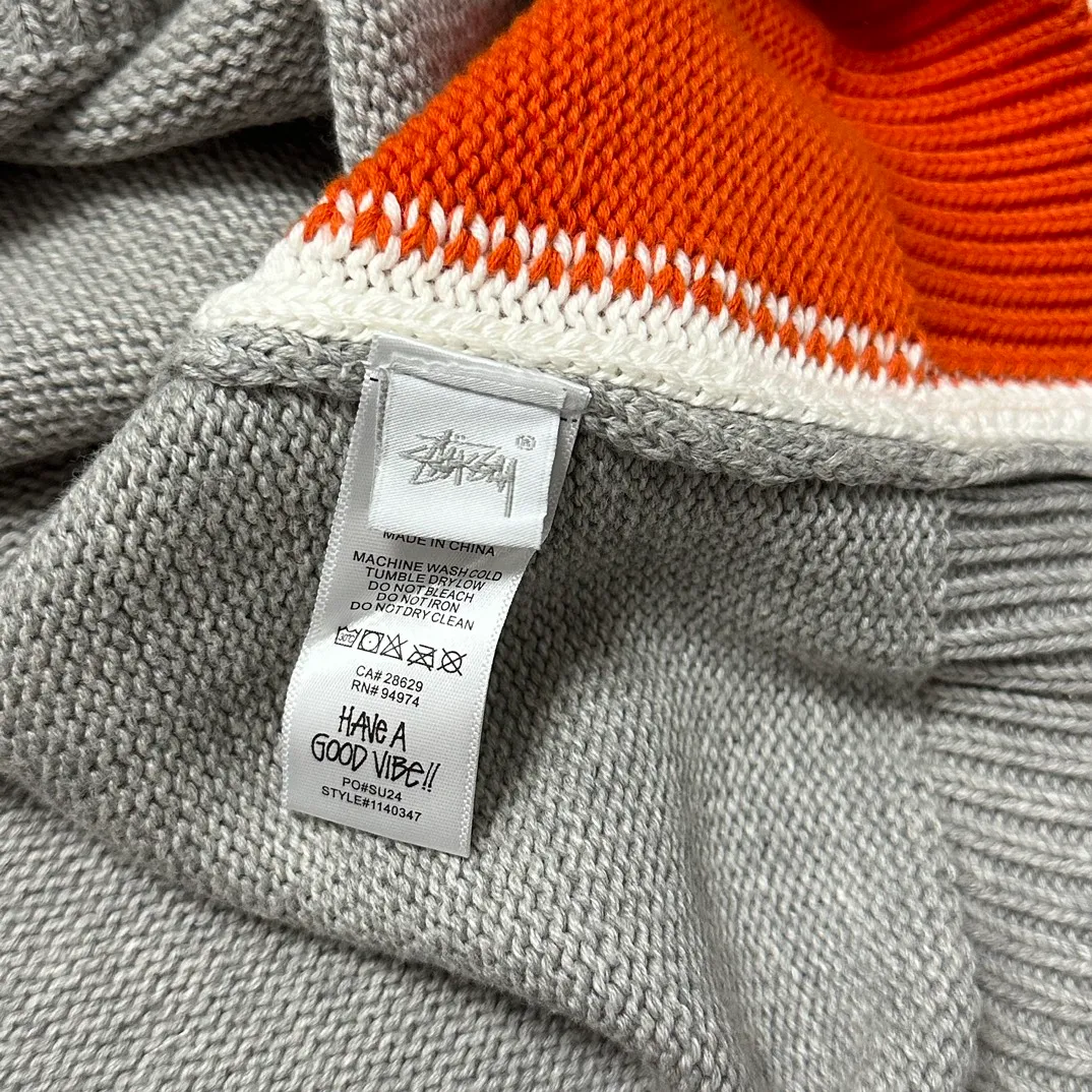 Details Contrast color patchwork sweater STUSSY FW24 STRIPE CREW Holiday series Jacquard knitted crew neck sweater Carbon black M Gray M-XL
