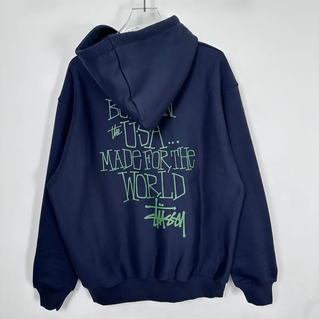 Graffiti word sweatshirt Stussy FW24 BUILT IN USA HOODIE English logo on the back plus velvet hooded sweatshirt/hoodie black gray blue S-XL