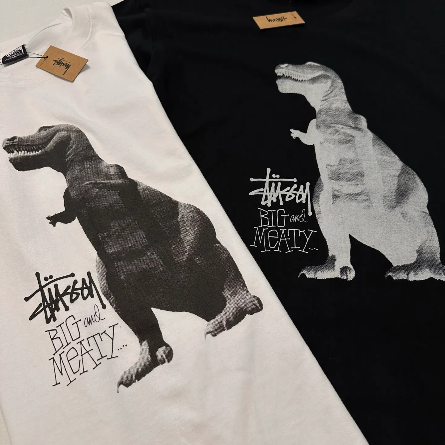 Detailed shooting of Tyrannosaurus Rex T-shirt STUSSY SS25 BIG & MEATY TEE PIGMENT DYED Dinosaur pattern short-sleeved black and white S- XL