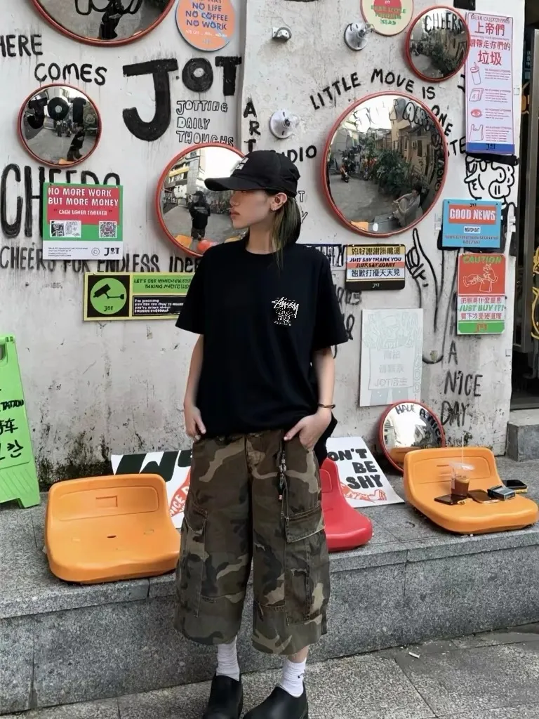 Retro lettering T-shirt STUSSY SS25 CLASSIC GEAR TEE PIGMENT DYED Classic lettering printed short sleeves black off-white S- XL
