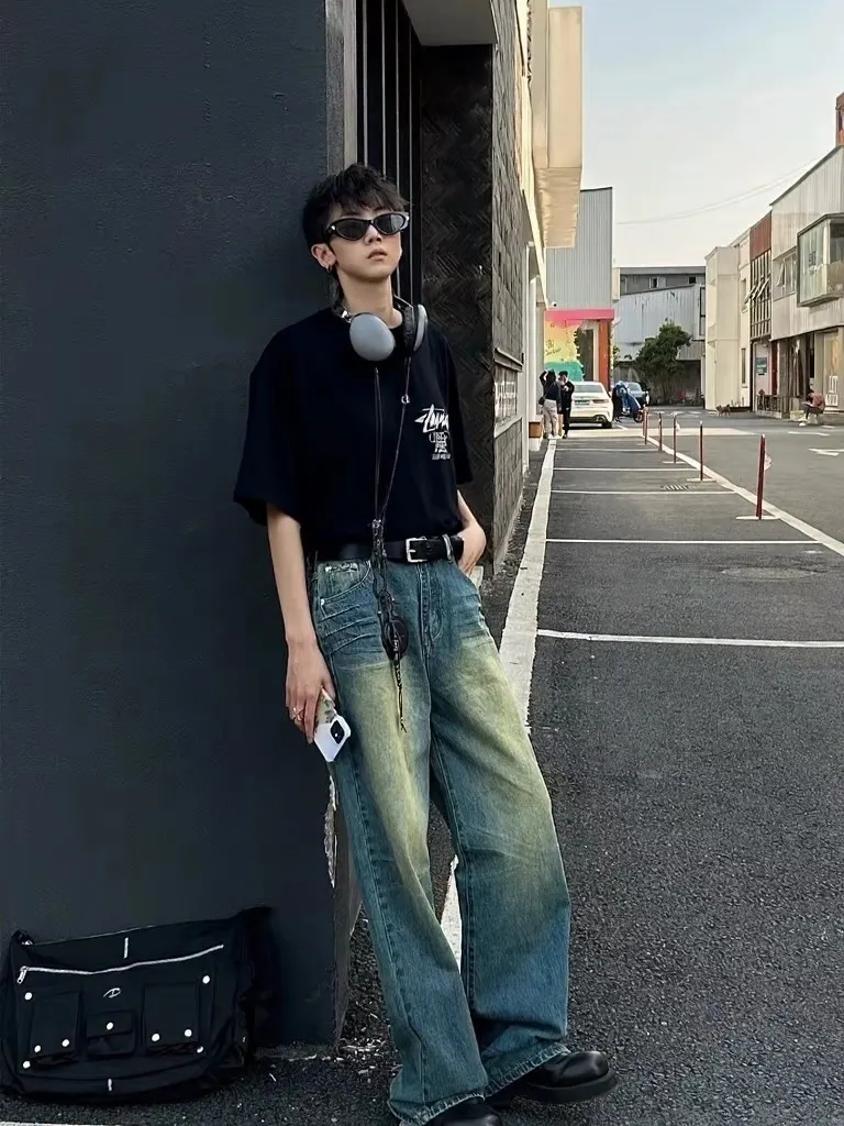 Retro lettering T-shirt STUSSY SS25 CLASSIC GEAR TEE PIGMENT DYED Classic lettering printed short sleeves black off-white S- XL