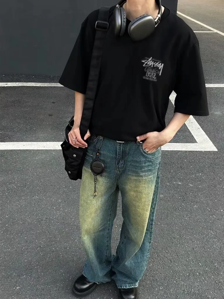 Retro lettering T-shirt STUSSY SS25 CLASSIC GEAR TEE PIGMENT DYED Classic lettering printed short sleeves black off-white S- XL