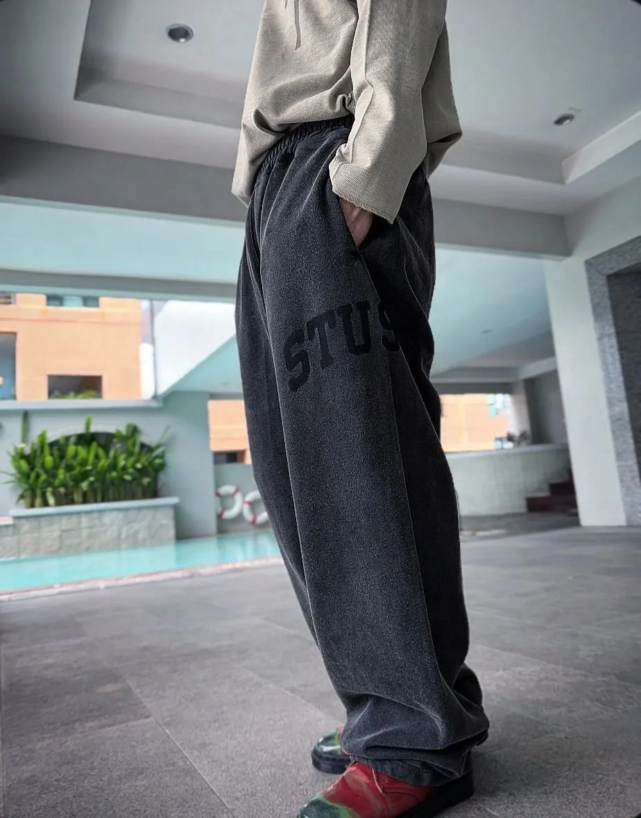 Washed sweatpants STUSSY FW24 FLEECE PANT FADED GRAPHIC loose thin velvet sweatpants with logo on the side, washed black S- XL