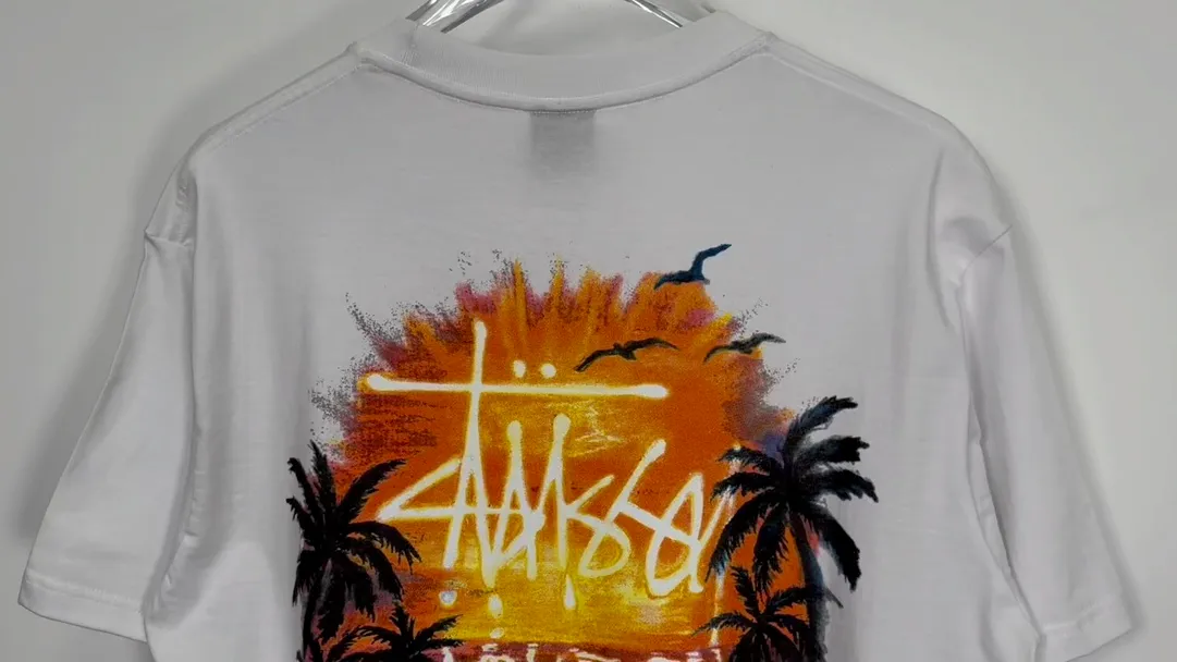STUSSY SS24 SUNSET TEE Sunset Coconut Beach View T-shirt Black and White S-XL