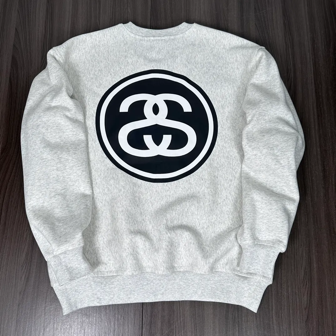 STUSSY 23FW SS-LINK CREW Double S-shaped chain printed pattern round neck sweatshirt, same style for men and women, black light gray S-XL