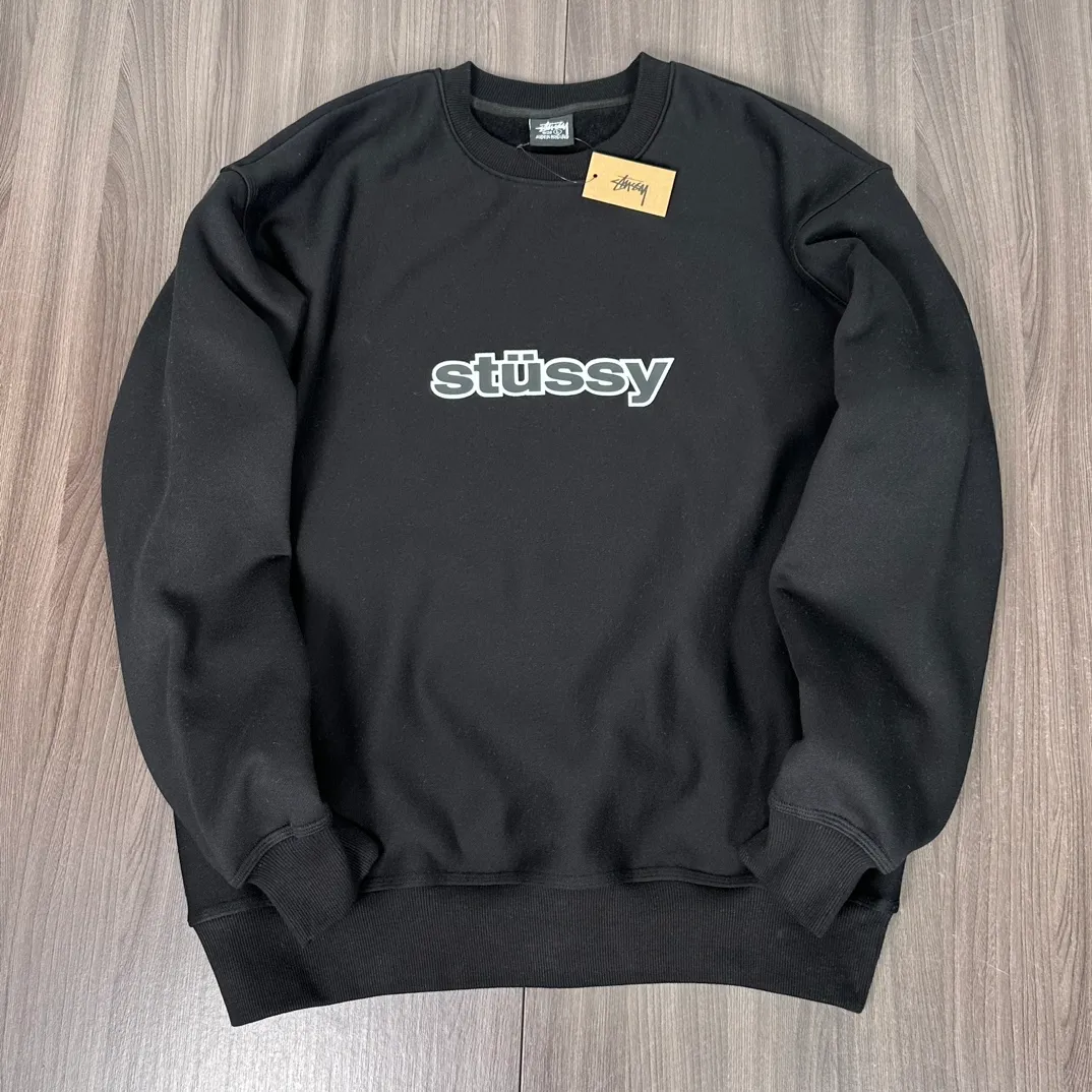 STUSSY 23FW SS-LINK CREW Double S-shaped chain printed pattern round neck sweatshirt, same style for men and women, black light gray S-XL