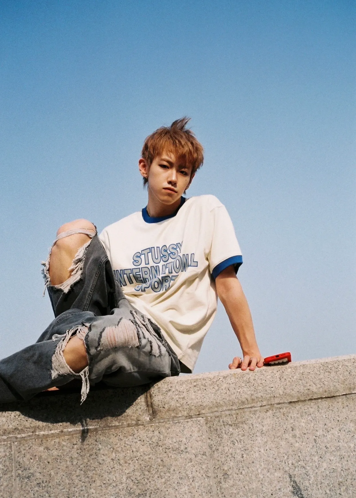 Contrast color collar T-shirt STUSSY SS25 HEAVY JERSEY CREW High weight knitted sports short-sleeved washed black beige S- XL