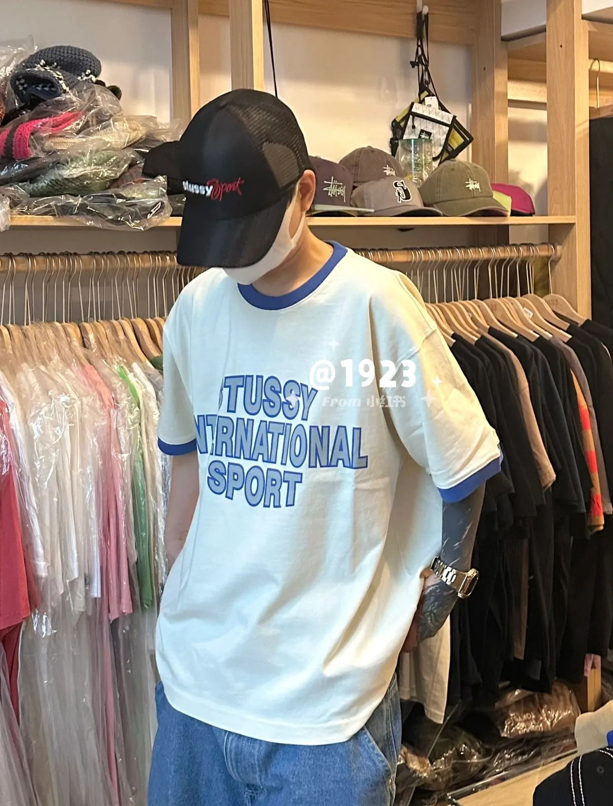 Contrast color collar T-shirt STUSSY SS25 HEAVY JERSEY CREW High weight knitted sports short-sleeved washed black beige S- XL