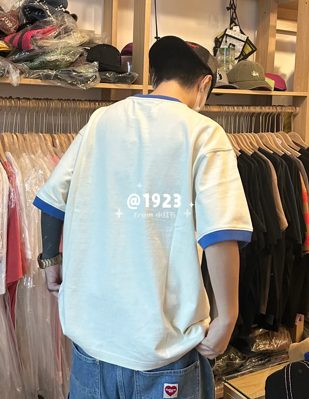 Contrast color collar T-shirt STUSSY SS25 HEAVY JERSEY CREW High weight knitted sports short-sleeved washed black beige S- XL