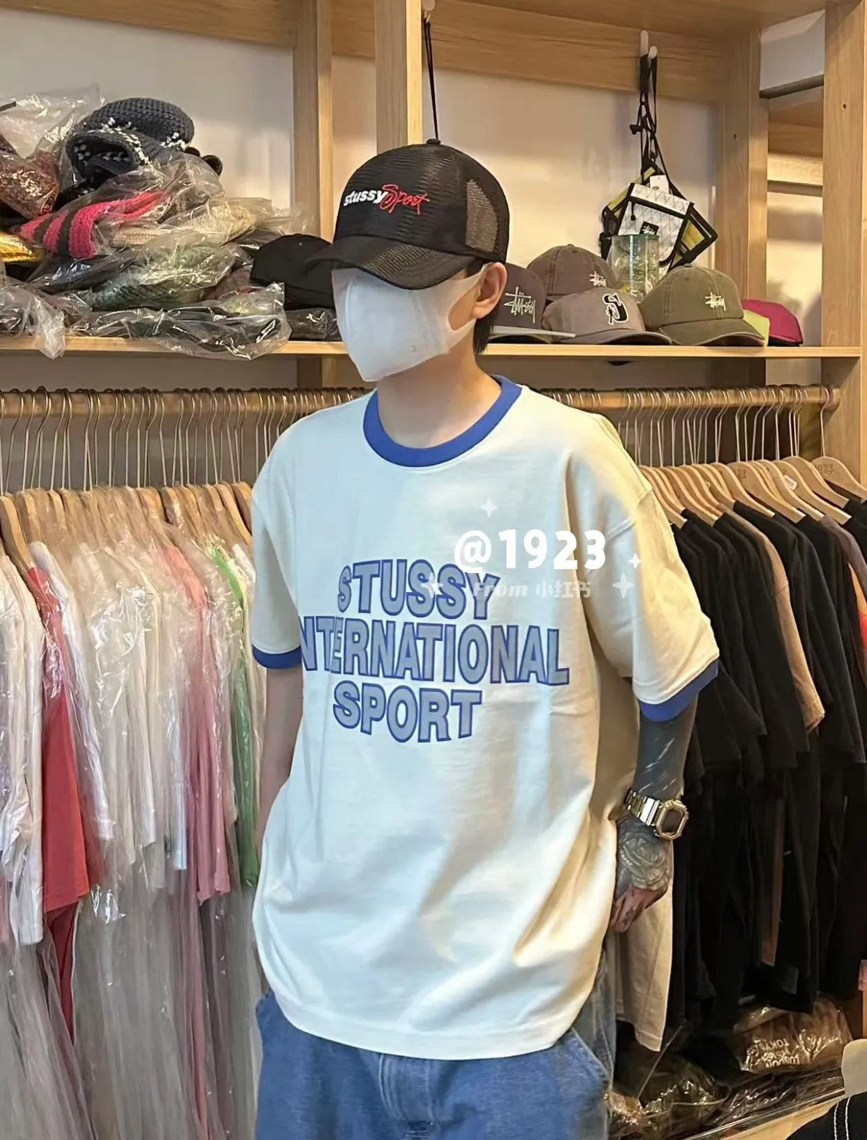Contrast color collar T-shirt STUSSY SS25 HEAVY JERSEY CREW High weight knitted sports short-sleeved washed black beige S- XL