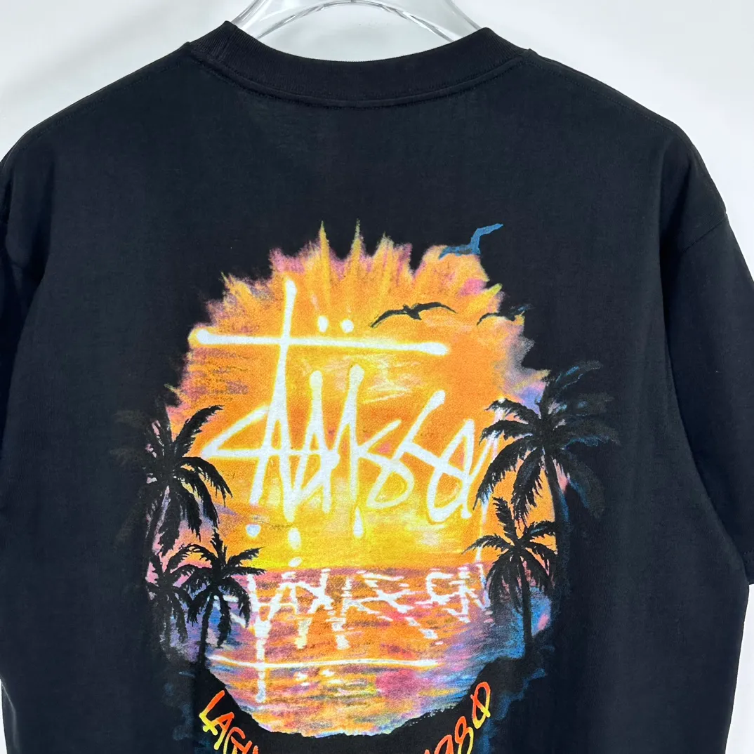 STUSSY SS24 SUNSET TEE Sunset Coconut Beach View T-shirt Black and White S-XL