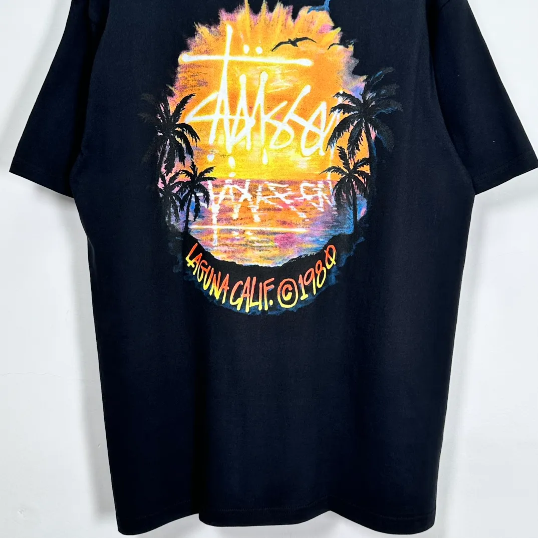 STUSSY SS24 SUNSET TEE Sunset Coconut Beach View T-shirt Black and White S-XL