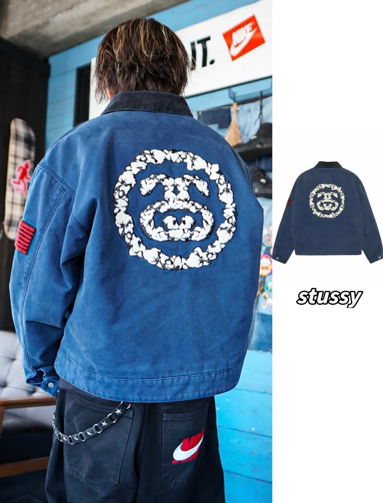 DT Jacket STUSSY X DENIM TEARS joint model CANVAS JACKET zipper work jacket navy blue S- XL