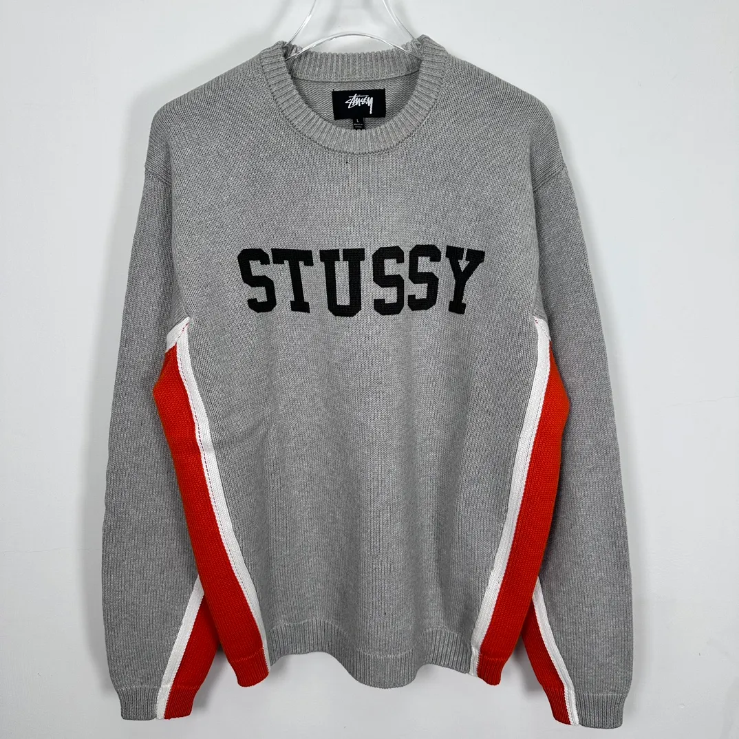 Contrast color patchwork sweater STUSSY FW24 STRIPE CREW Holiday series Jacquard knitted crew neck sweater carbon black M gray M-XL