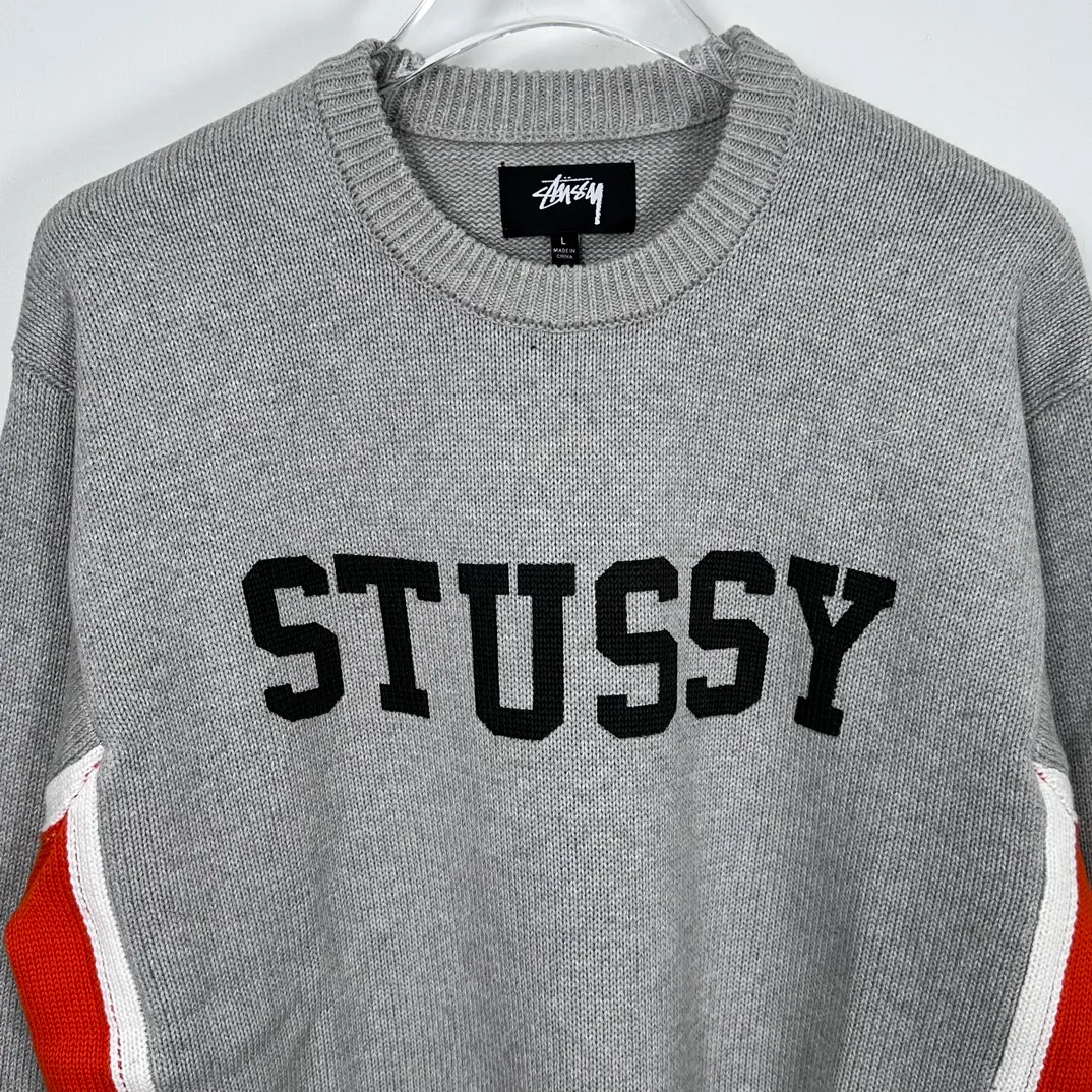 Contrast color patchwork sweater STUSSY FW24 STRIPE CREW Holiday series Jacquard knitted crew neck sweater carbon black M gray M-XL