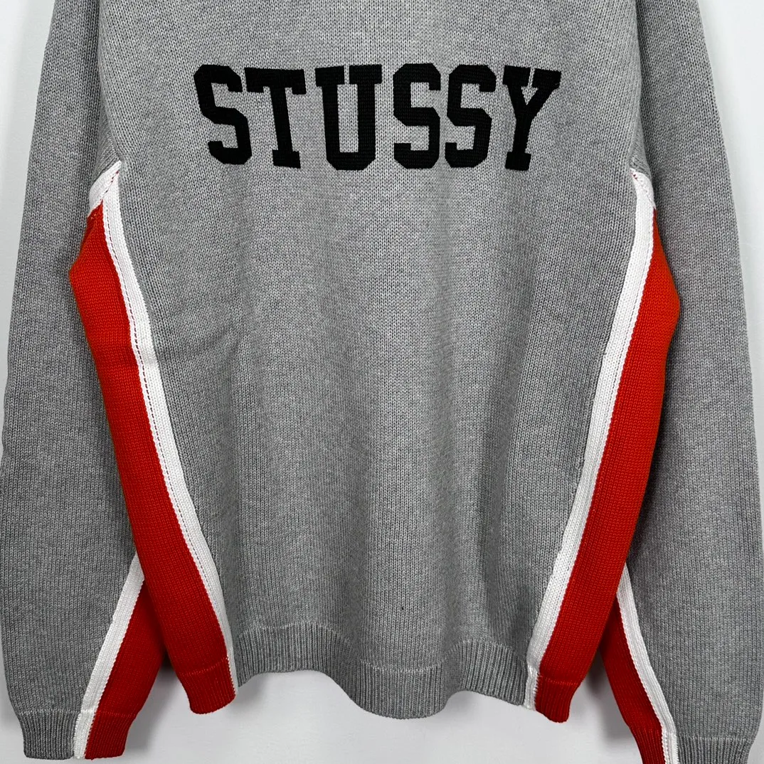 Contrast color patchwork sweater STUSSY FW24 STRIPE CREW Holiday series Jacquard knitted crew neck sweater carbon black M gray M-XL