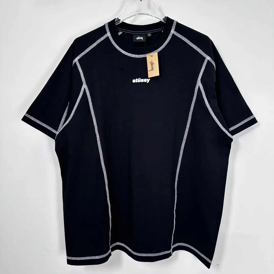 STUSSY SS24 WAVE COTTON CREW TEE Top-stitched Micro Label T-shirt Black Blue Mustard Yellow S-XL Original Same 240g Weight