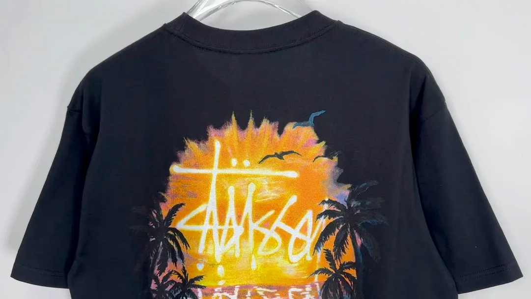 STUSSY SS24 SUNSET TEE Sunset Coconut Beach View T-shirt Black and White S-XL