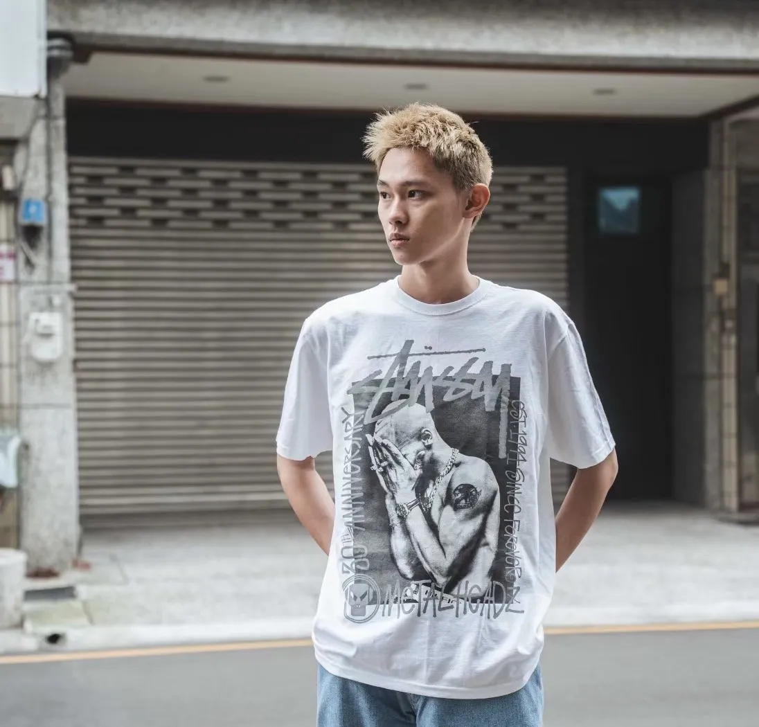 STUSSY x GOLDIE METALHEADZ SS24 joint model TEE 3M reflective black band character T-shirt white S-XL