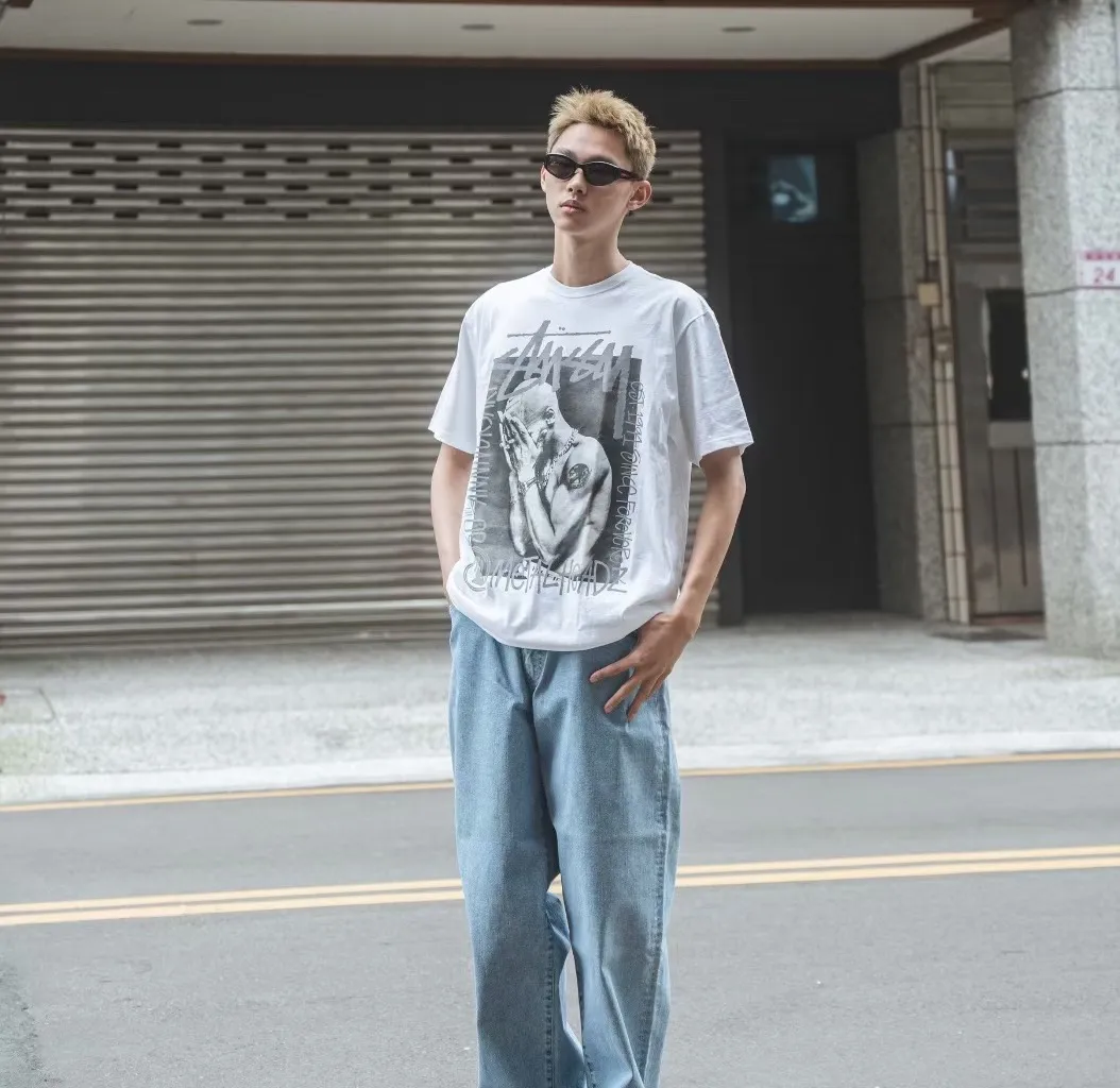 STUSSY x GOLDIE METALHEADZ SS24 joint model TEE 3M reflective black band character T-shirt white S-XL