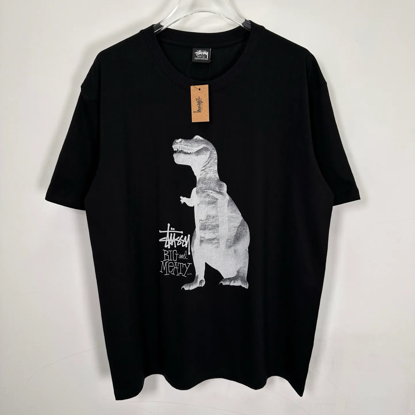 Tyrannosaurus Rex T-shirt STUSSY SS25 BIG & MEATY TEE PIGMENT DYED Dinosaur pattern short-sleeved black and white S- XL