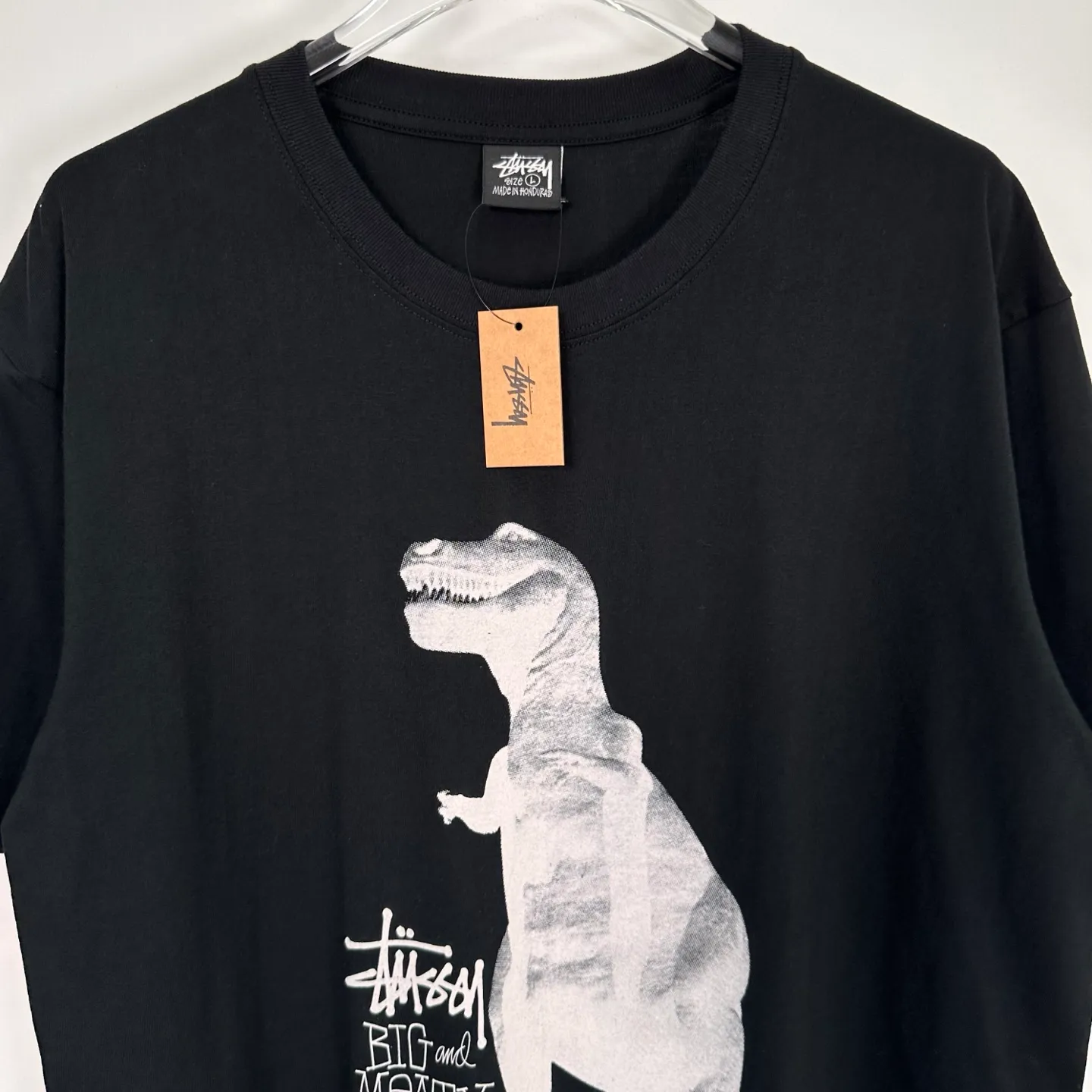 Tyrannosaurus Rex T-shirt STUSSY SS25 BIG & MEATY TEE PIGMENT DYED Dinosaur pattern short-sleeved black and white S- XL