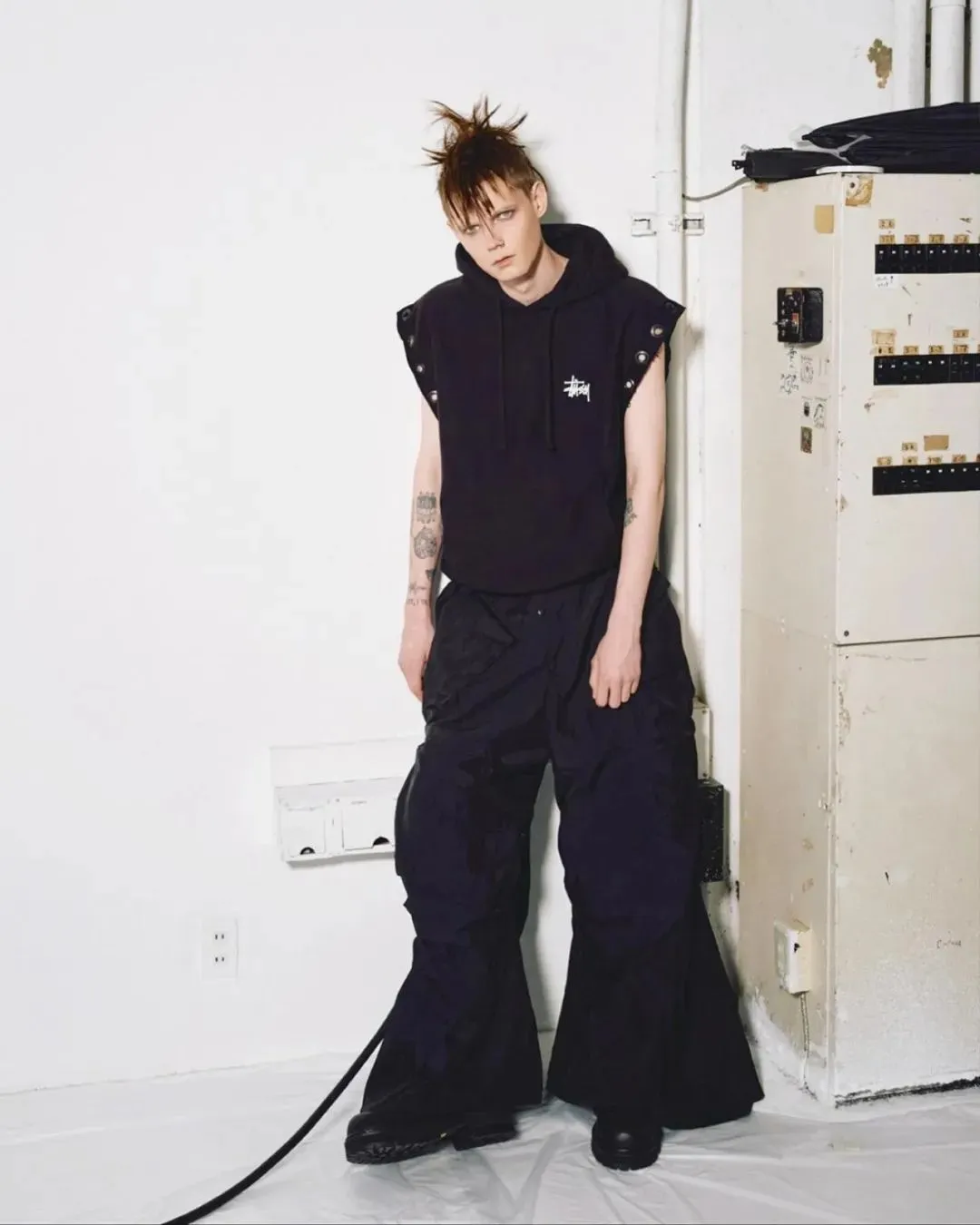 Stussy x JUNYA WATANABE Hooded Vest joint logo eyelet raw edge hooded sweatshirt vest black S-XL