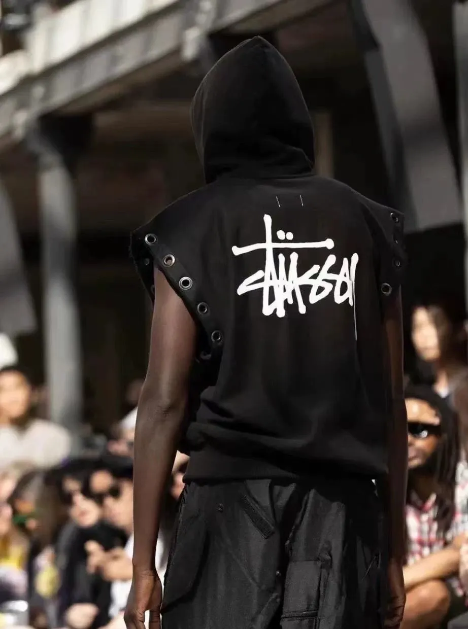 Stussy x JUNYA WATANABE Hooded Vest joint logo eyelet raw edge hooded sweatshirt vest black S-XL