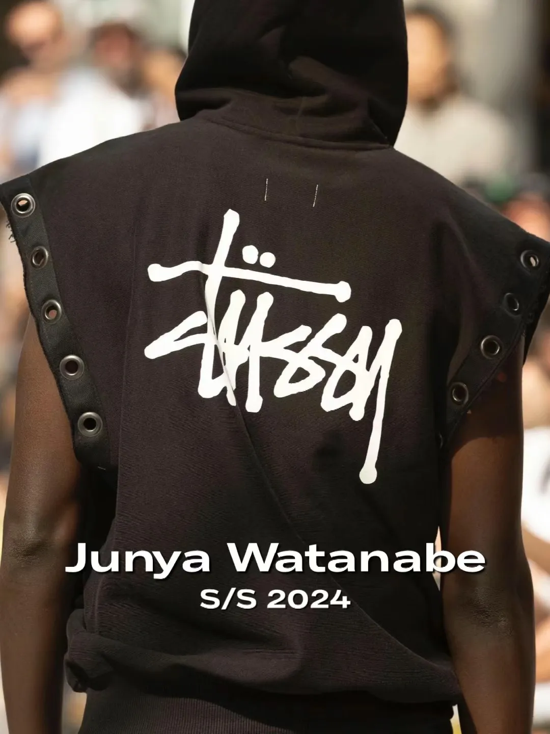 Stussy x JUNYA WATANABE Hooded Vest joint logo eyelet raw edge hooded sweatshirt vest black S-XL