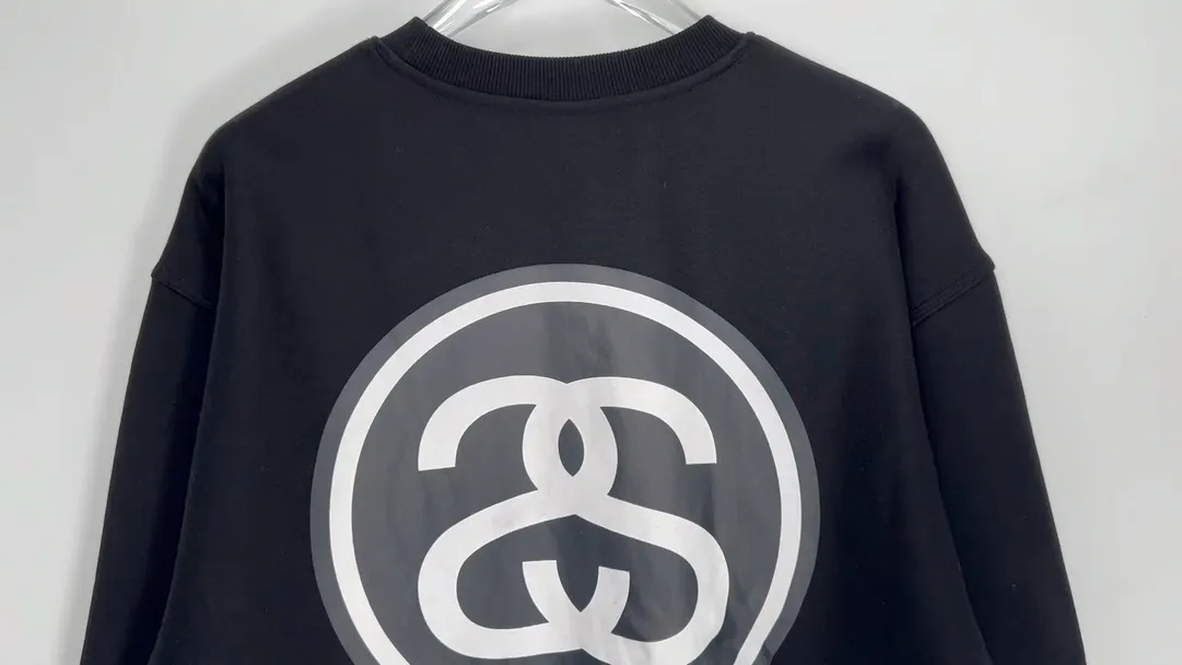 STUSSY 23FW SS-LINK CREW Double S-shaped chain printed pattern round neck sweatshirt, same style for men and women, black light gray S-XL